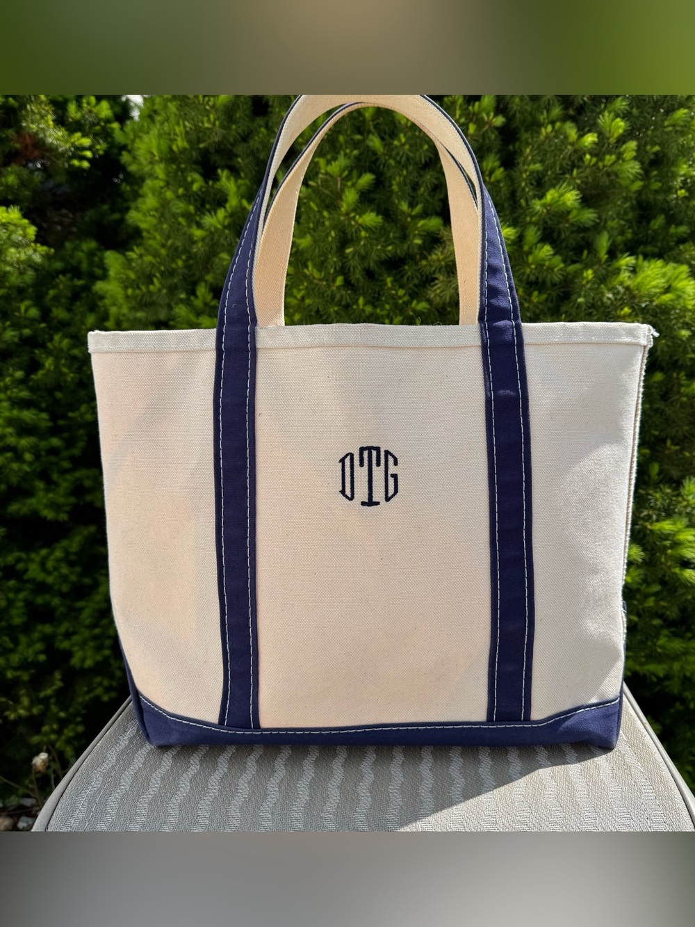 L.L. Bean Vintage Natural Canvas Tote with Navy Bottom, made in USA